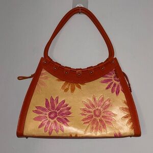 Beautiful Orange Pebble Leather Embossed and Painted Floral Hand/Shoulder Bag